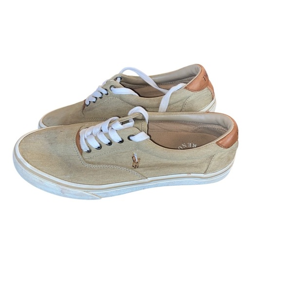 Polo Ralph Lauren Keaton Canvas Sneaker Tan w/ cognac leather embroidered polo - Picture 5 of 13